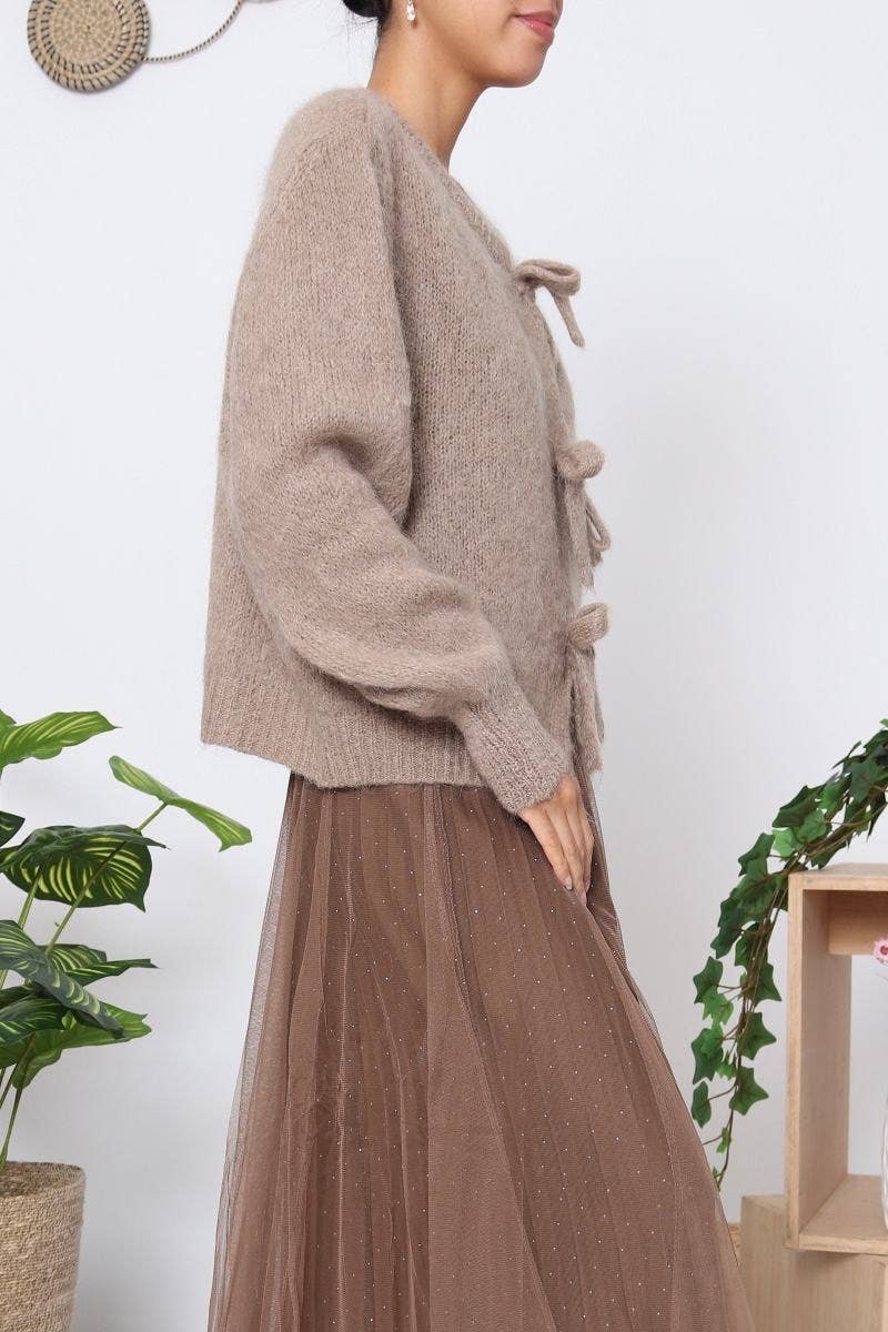 Orice – Cardigan - Mulher por atacado – Cardigã de tricô em lã mohair com laço - Orice21