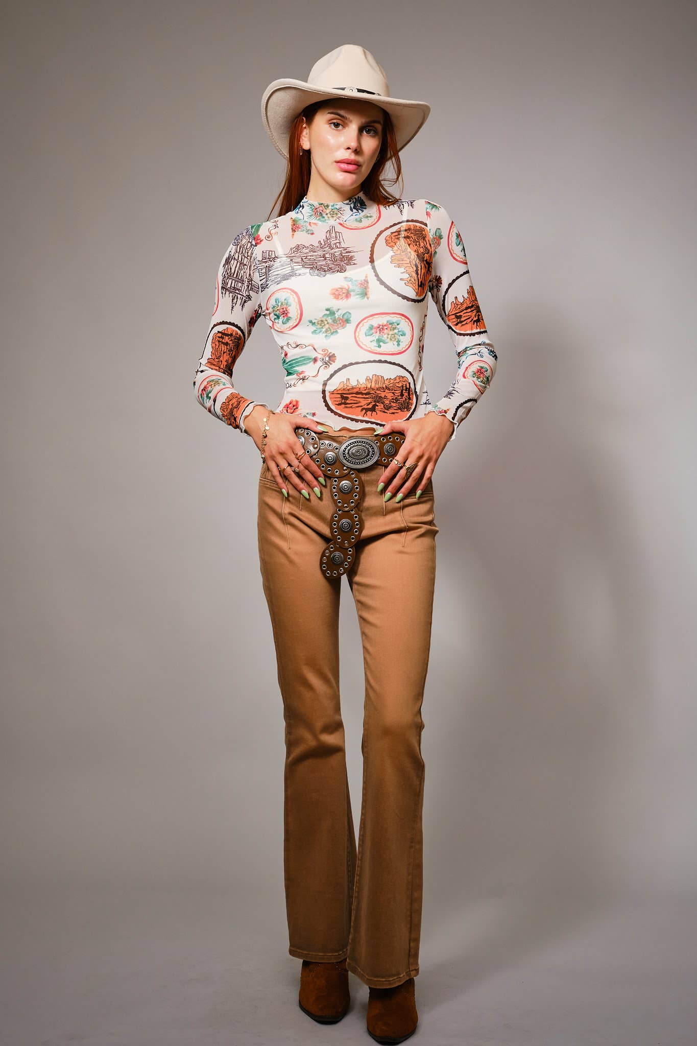 MULTI 33147T Western Motif Mesh Mock Neck Top for wholesale on Faire8