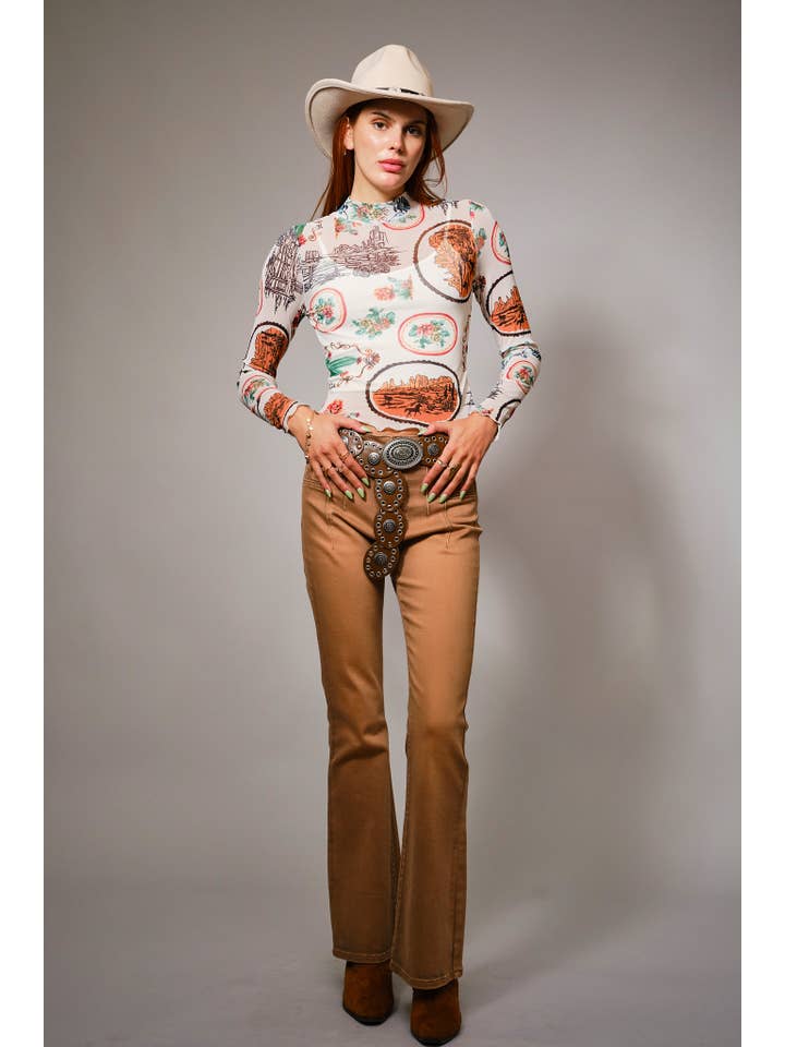 MULTI 33147T Western Motif Mesh Mock Neck Top for wholesale on Faire8