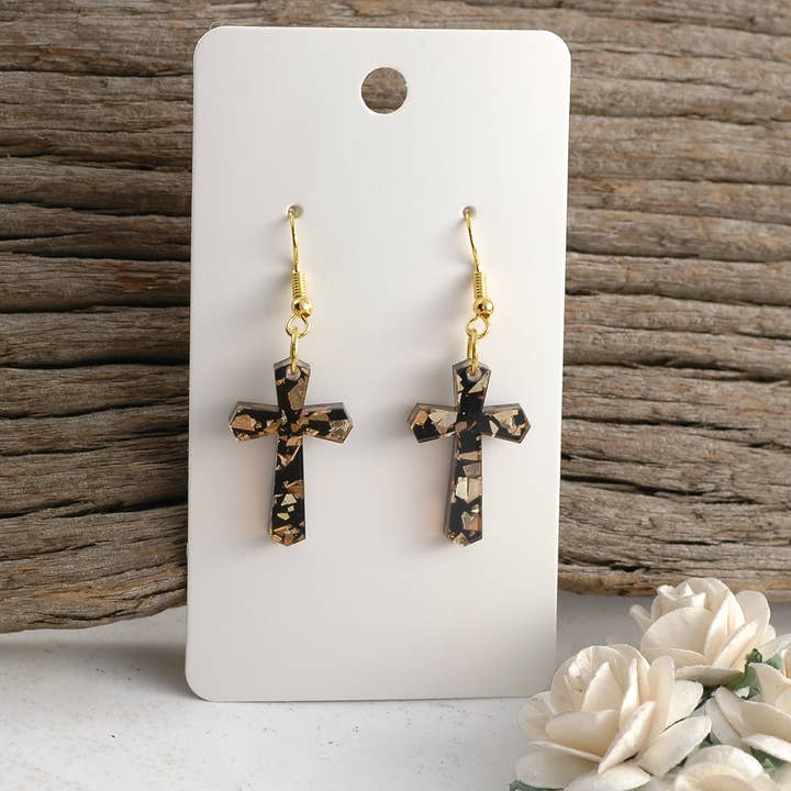 Cross Earrings | Black Gold Glitter Dangle Post Acrylic for wholesale by Rocky Mountain Shops