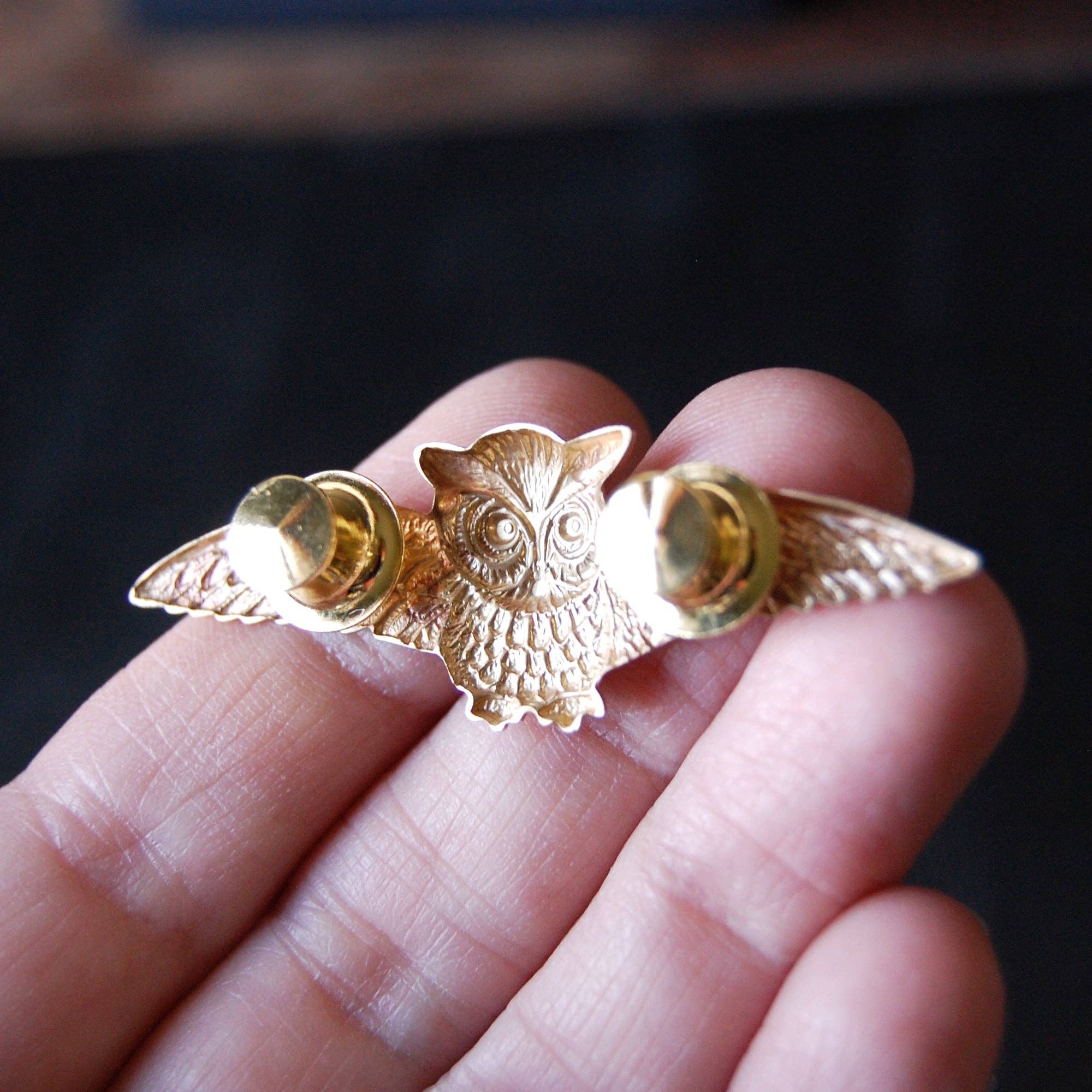 Metal Cloth & Wood - Wholesale Brooch - Golden Horned Owl Brooch Pin in Bright & Antiqued Finishes3