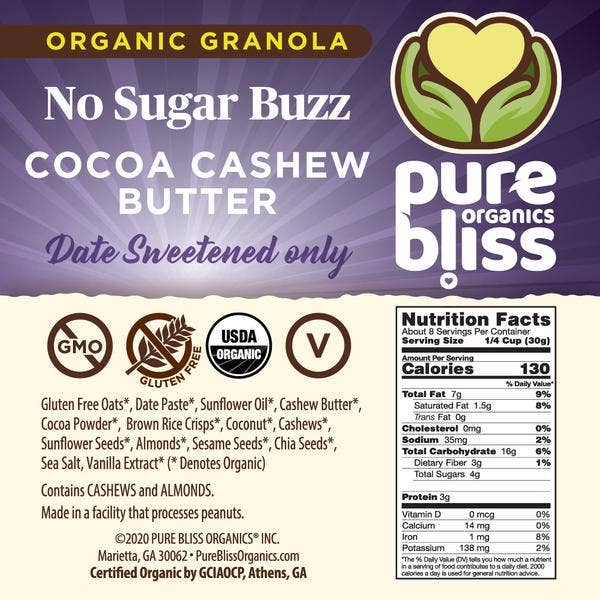 Pure Bliss Organics - Wholesale Granola - No Sugar Buzz Cocoa Cashew Butter Date Sweetened - 12oz2