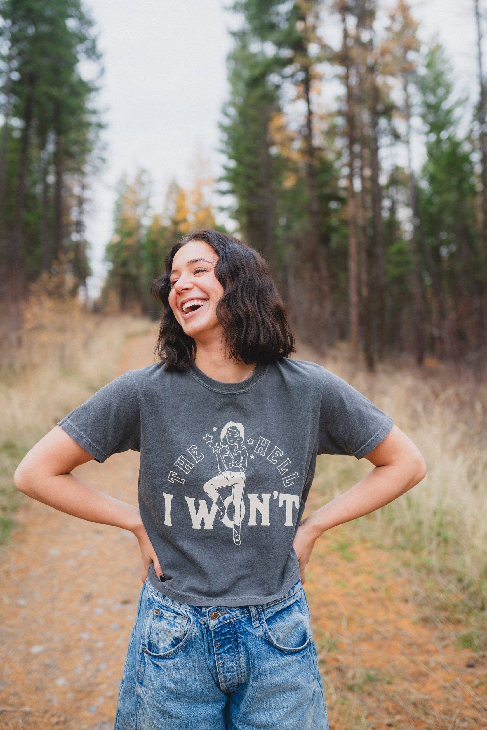 The Montana Scene - Wholesale Screen Printed T-Shirt - Women's - The Hell I Won't Ladies Boxy Tee - Pepper1