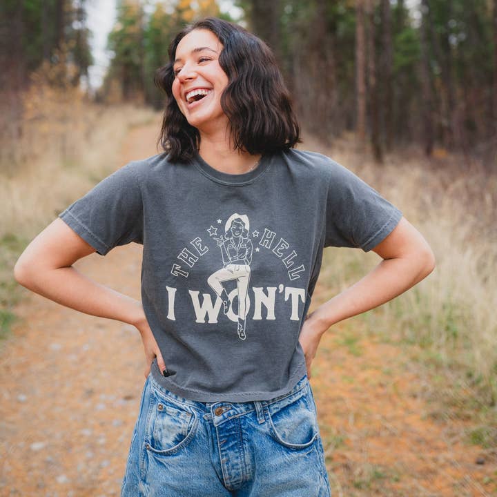 The Montana Scene - Wholesale Screen Printed T-Shirt - Women's - The Hell I Won't Ladies Boxy Tee - Pepper1