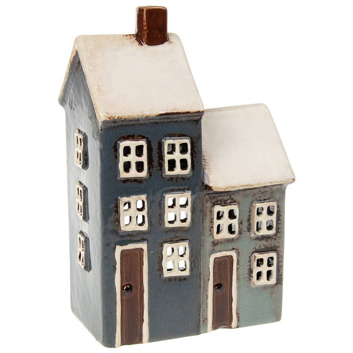 Village Pottery Grey/Navy 2 House Tealight for wholesale by Joe Davies