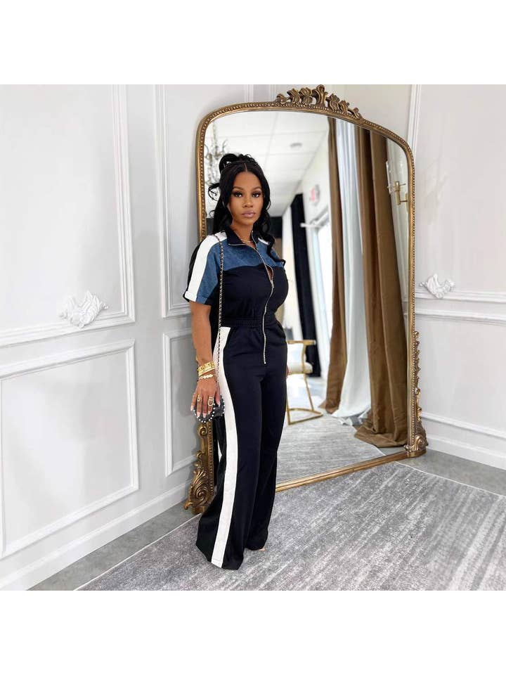 Queen Fashion - Wholesale Top & Skirt Set - Women's - collar short sleeve long zipper one piece trousers18