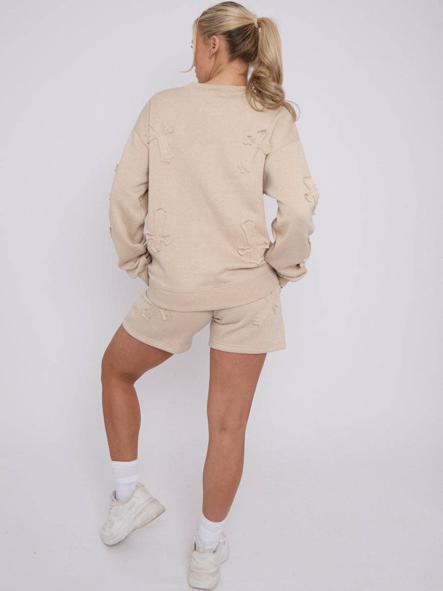 AX Labels - Wholesale Lounge Set - Women's - Crucifix Embroidered Sweatshirt & Shorts Fleece Co-ord24
