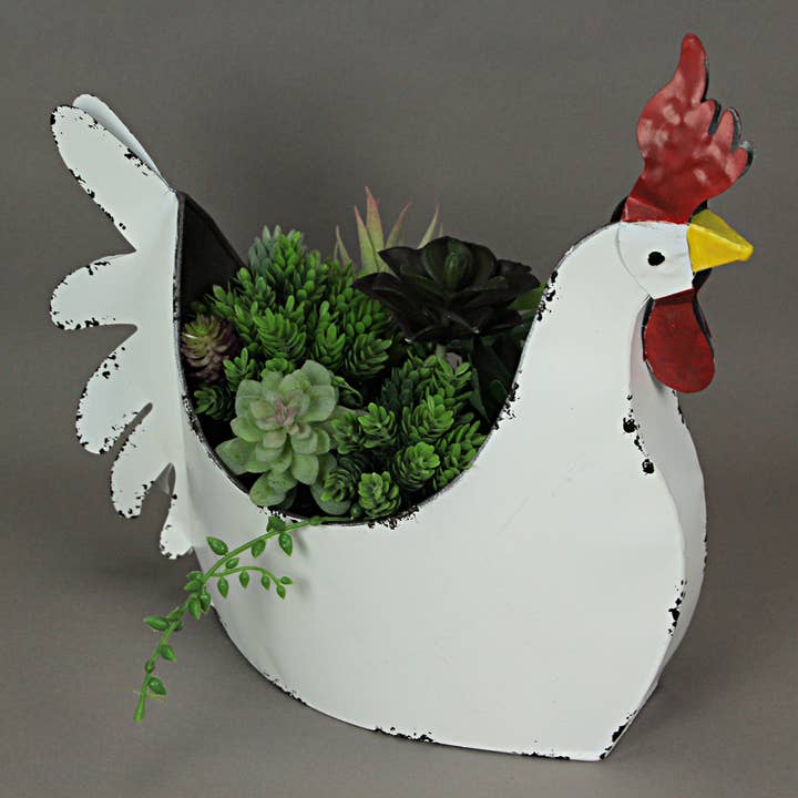 Zeckos - Wholesale Plant Pot - Rustic White Galvanized Metal Indoor/Outdoor Rooster Planter