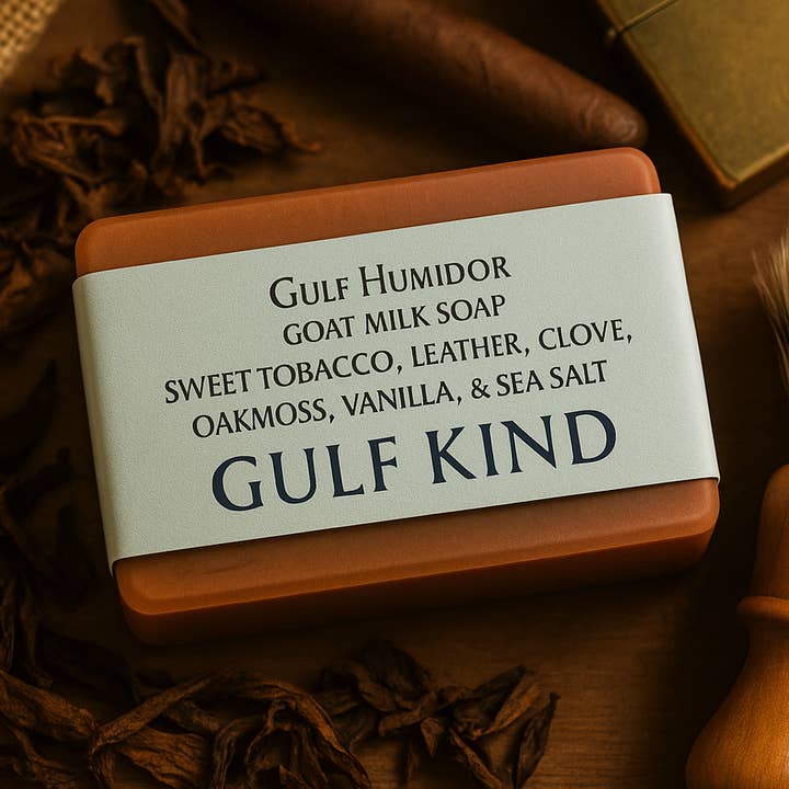 Savon au Lait de Chèvre Gulf Humidor – Tabac Doux, Cuir, Clou de Girofle, Mousse de Chêne, Vanille & Sel Marin | Savon Masculin | Savon Artisanal pour Hommes pour la vente par Gulf Kind