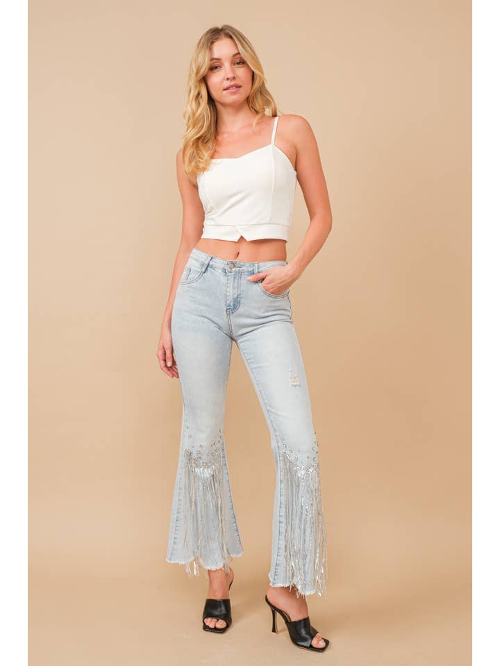 LIGHT WASH 80004P - Rhinestone Embellishment Detail Sequin Denim Jeans for wholesale on Faire7