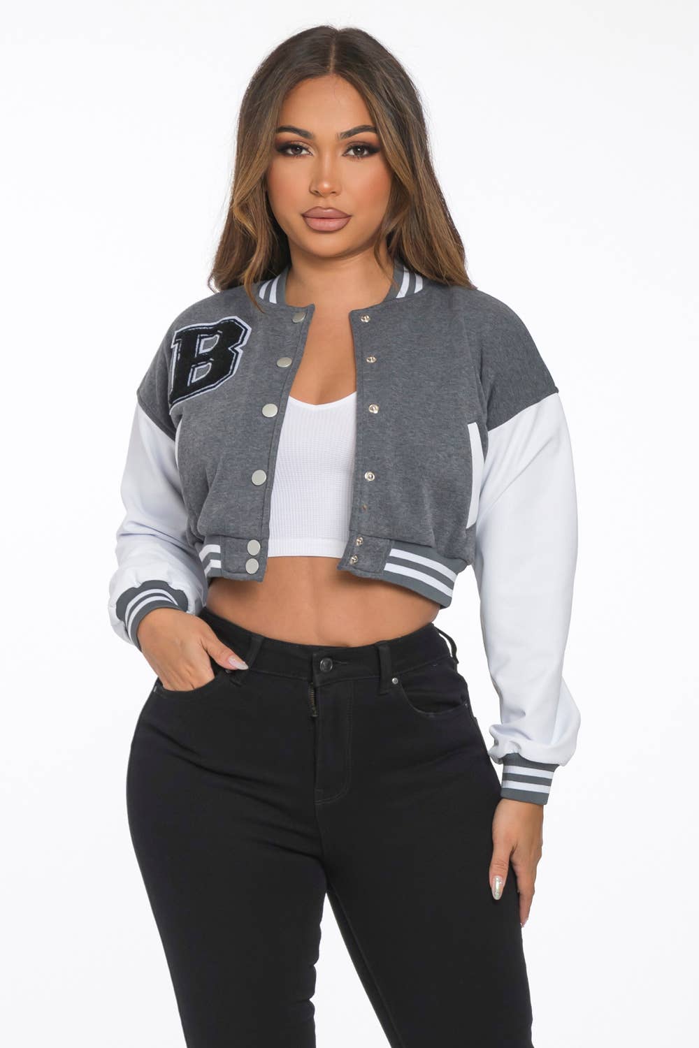 Lime All the Time - Wholesale Varsity/Baseball Jacket - Women's - B Logo Cropped Varsity Jacket with pocket11