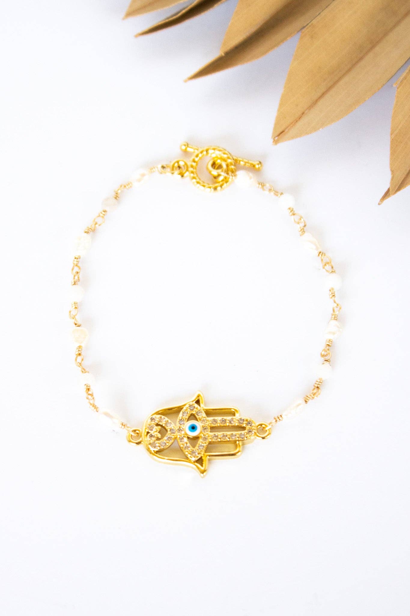 Bali Queen - Wholesale Charm/Dangle Bracelet - 18K Toggle Golden Hamsa Selenite & Pearl Bracelet0