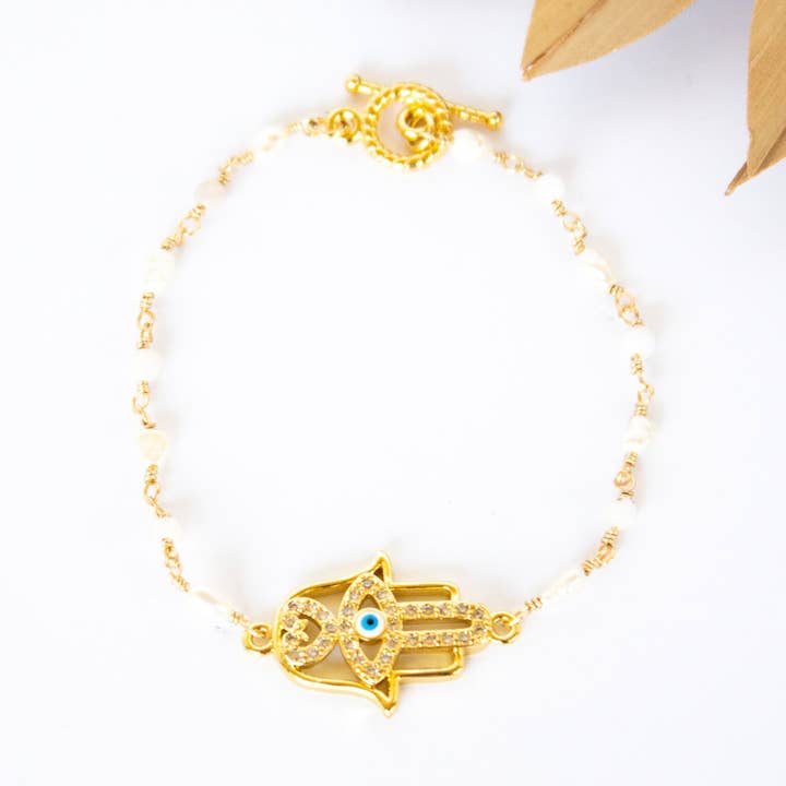 Bali Queen - Wholesale Charm/Dangle Bracelet - 18K Toggle Golden Hamsa Selenite & Pearl Bracelet