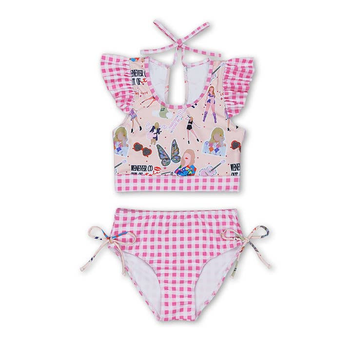 Plaid checked flutter sleeves singer girls swimsuit for wholesale by Yawoo Garments