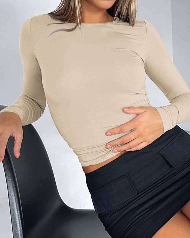 Sweetkama – T-shirt – Mulher por atacado – Sweetkama Camiseta Casual Feminina de Manga Longa Lisa5