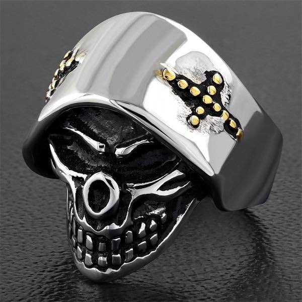 Anillo de Calavera Ángel de la Muerte con Cruz Dorada en el Lado (#325) para venta al por mayor de SkullJewelry.com