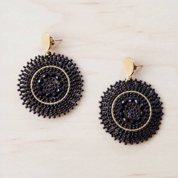 Gold & Ebony Beaded Medallion Dangle Earrings 219ci for wholesale by The Jewelry Junkie