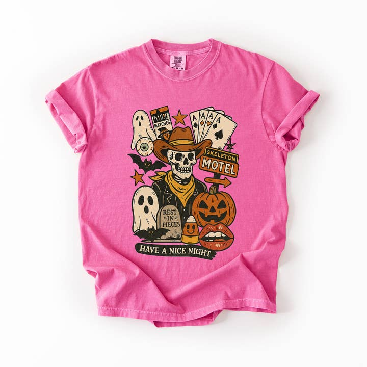 Refinery Number One LLC - Vente T-shirt à imprimés – unisexe - T-shirt rétro squelette motel, classique, vintage Halloween1