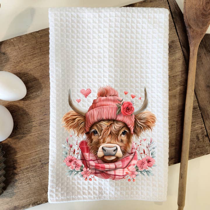 Roses & Highland Cow Waffle Weave Dish Towel Tea Towel for wholesale by Prairie Chicken Sticker Shop & Gifts
