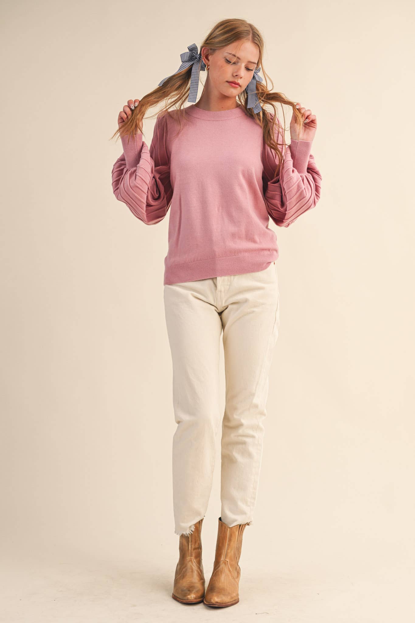 &MERCI - Wholesale Knit Sweater - Women's - STRIPE TEXTURE PUFF SLEEVE SWEATER MSW948548