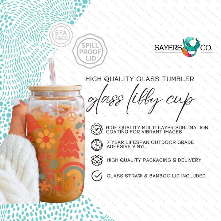 Sayers & Co. - Wholesale Drinking glass/cup - 16oz Christmas Groove Iced Coffee Glass Can, Holiday Tumbler, Candy Cane Tumbler,Christmas Tumbler, Gift For Her, Christmas Mug with Bamboo Lid & Straw #1000708