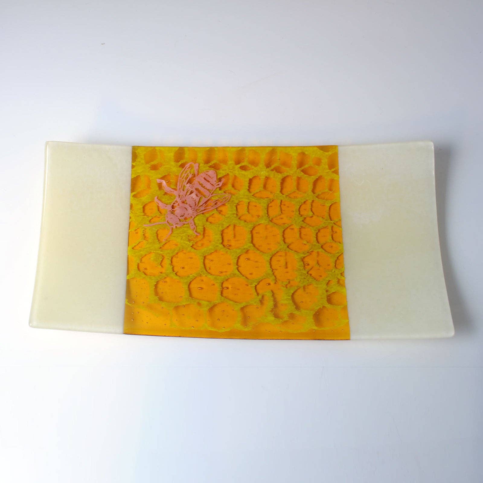 Kiku Handmade | Contemporary Fused Glass Home Goods - Wholesale Platter - Honeybee 15" Long Fused Glass Serving Platter2