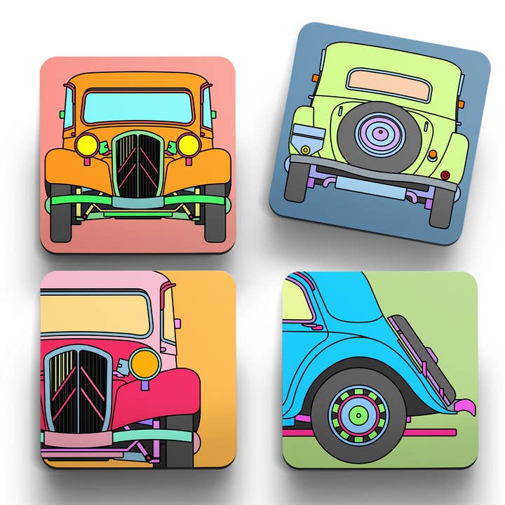 Sottobicchieri retrò Citroen Traction (set di 4) per la vendita all'ingrosso da parte di tinned snail