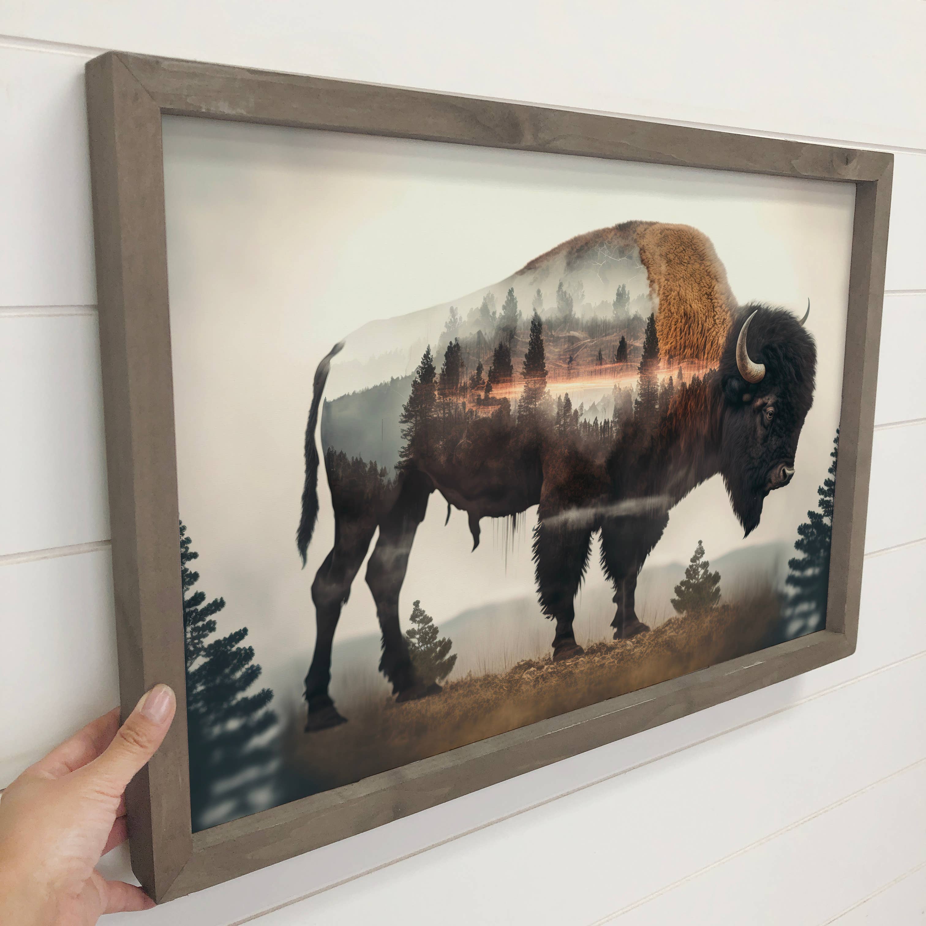 Hangout Home - Wholesale Art Print - Bison Trees Double Exposure -Wood Framed Wildlife Canvas Art2