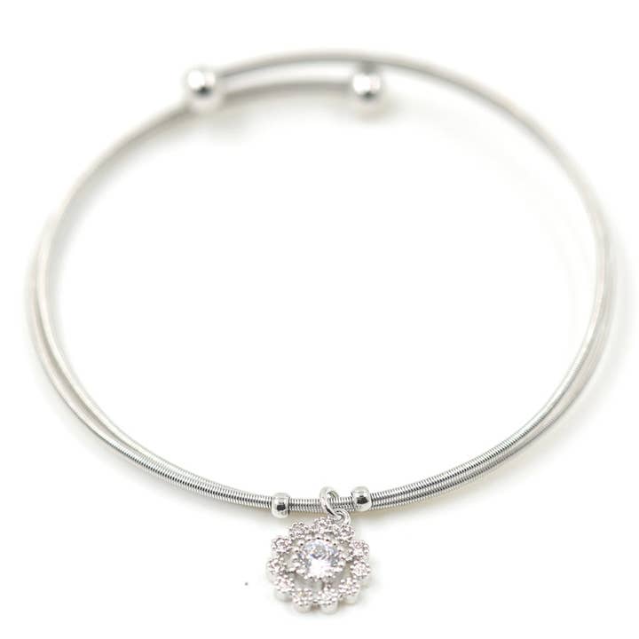 Delicate bangle with CZ flower crystal for wholesale by Tempest Designs