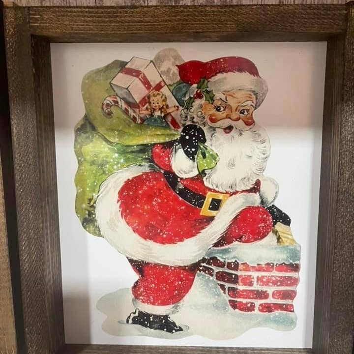 Vintage Santa with Chimney White Sign with Walnut Frame for wholesale by Thompsons Handmade Country LLC