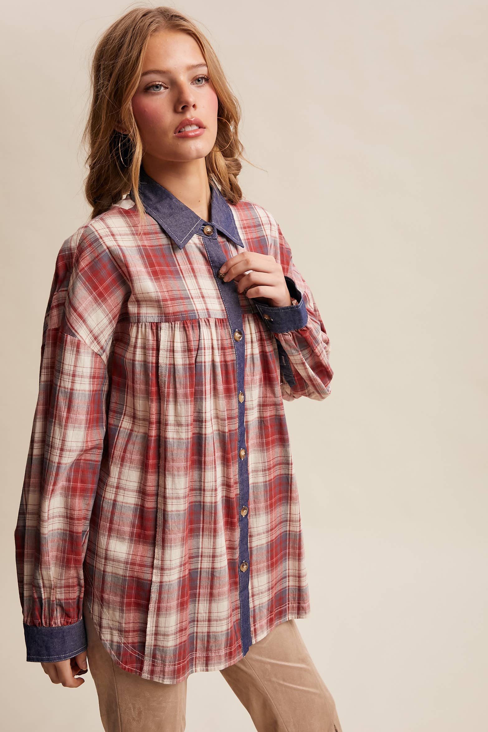 Listicle - Wholesale Button Down Shirt - Women's - Mixed Plaid Oversized Button-Down Shirt LJ020524