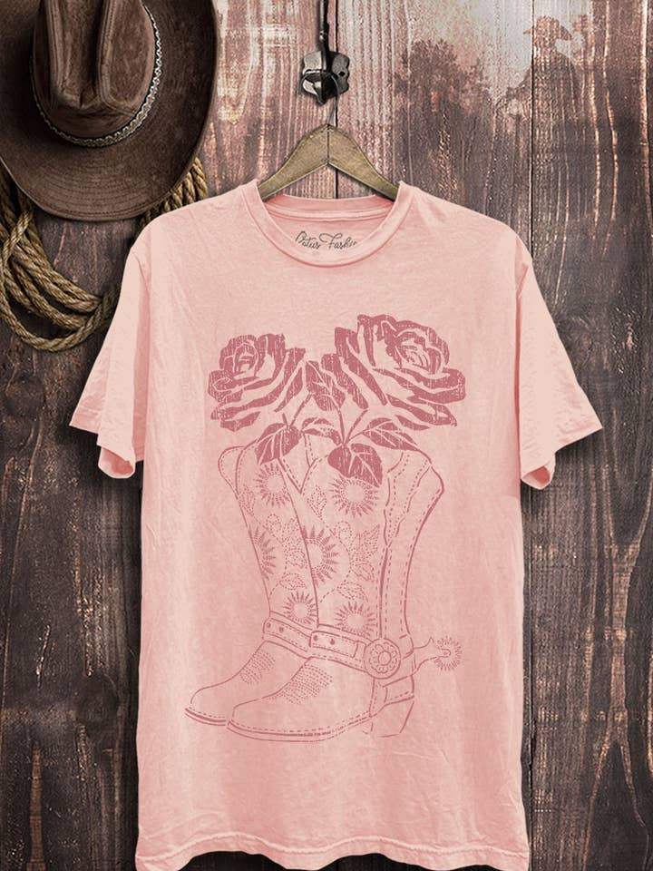 Lotus Fashion Collection - Wholesale Screen Printed T-Shirt - Women's - Boots Roses Graphic Top