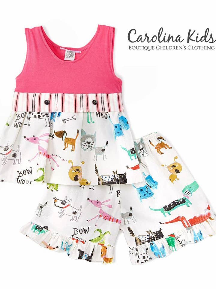 Posh Pooch Ruffle Doggy Print Kids Top & Shorts for wholesale by Carolina Kids