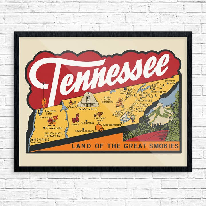8" x 10 Tennessee Land of the Great Smokies Map Print for wholesale by Fridgedoor