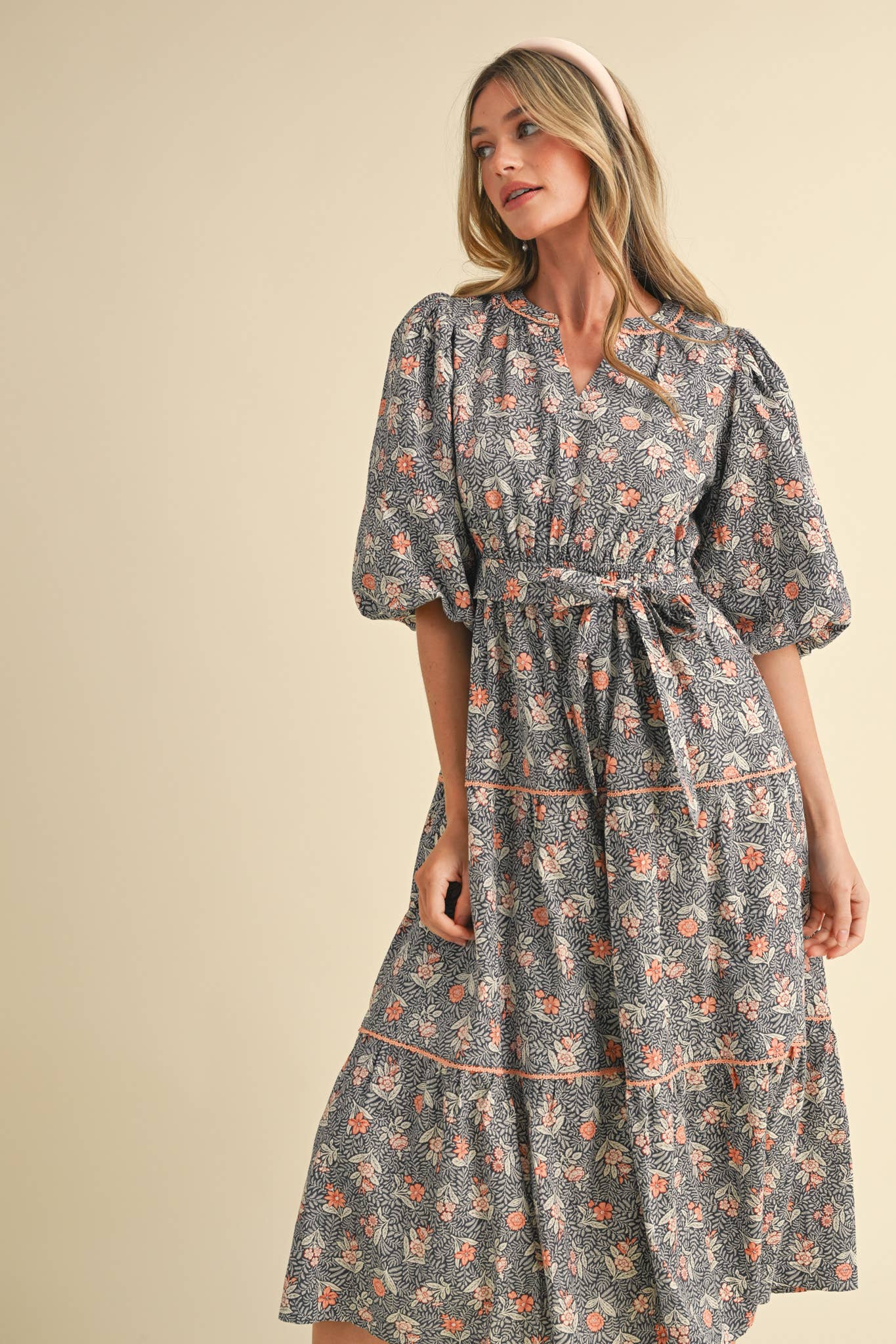 &MERCI - Wholesale Dress - Women's - BUBBLE SLEEVE LACE TRIM MIDI DRESS MDR343033