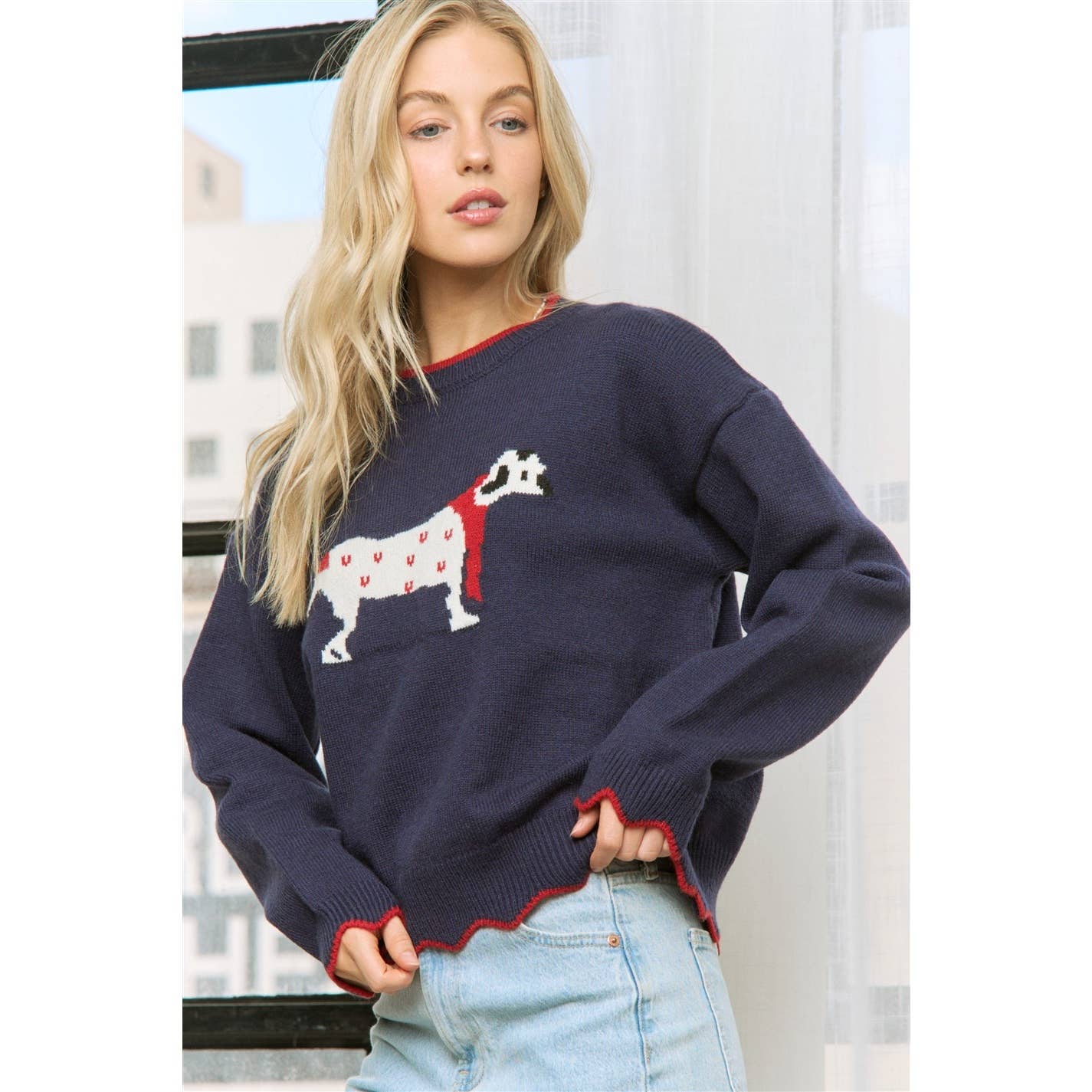 Navy Multi CHIC PUPPY JAQUARD SCALLOP EDGES SWEATER PULLOVER for wholesale on Faire4