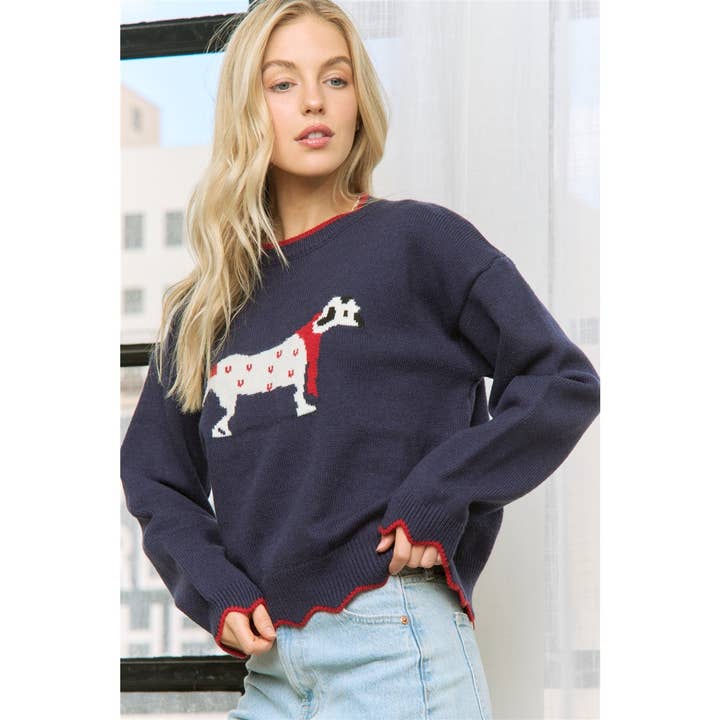 Navy Multi CHIC PUPPY JAQUARD SCALLOP EDGES SWEATER PULLOVER for wholesale on Faire4