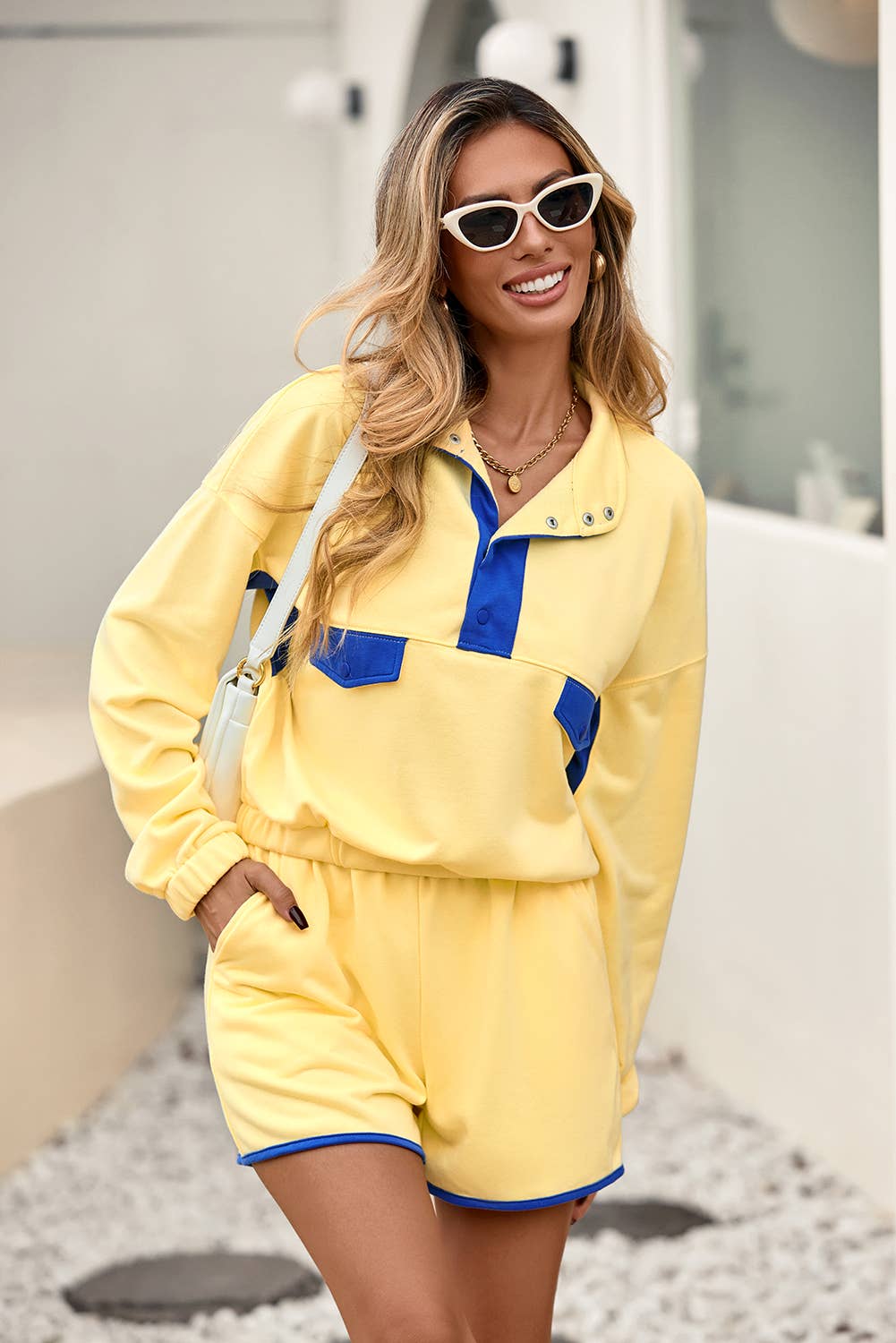 Little Daisy Closet - Wholesale Lounge Set - Women's -  LDC Colorblock Half Button Pullover and Shorts 2pcs Outfit0