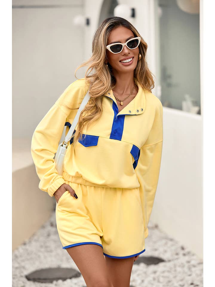 Little Daisy Closet - Wholesale Lounge Set - Women's - LDC Colorblock Half Button Pullover and Shorts 2pcs Outfit