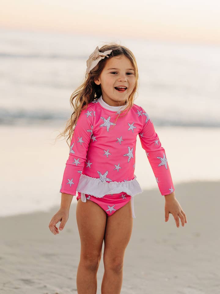 Girls Swimsuit - Rashguard Tankini - Pink Starfish for wholesale by Sugar Bee Clothing