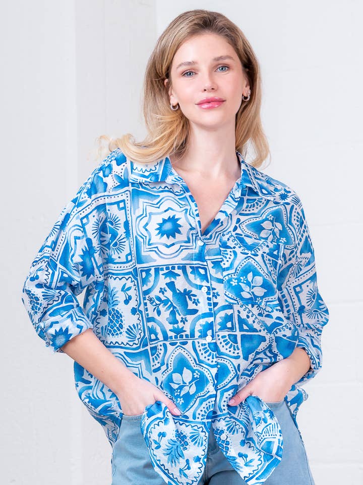 AT82012T-1-LONG SLV BUTTON DOWN PRINTED OVERSIZED SHIRT for wholesale by Taelynn