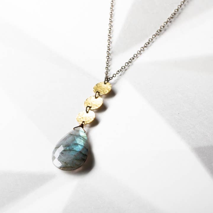 Hammered Geometric Labradorite Necklace on Long Chain for wholesale by Edgy Petal Jewelry