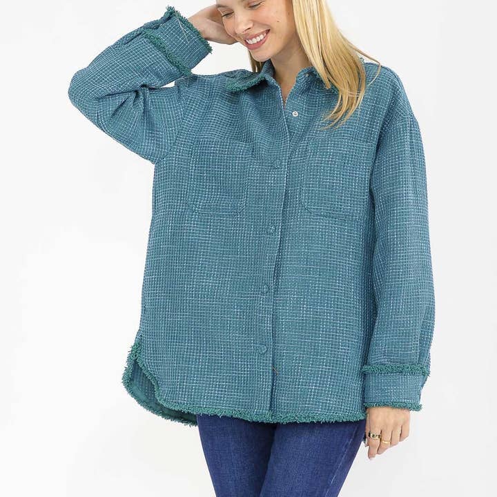 J21440- Sobrecamisa de tweed com botões e acabamento desfiado por atacado de IWT Brands