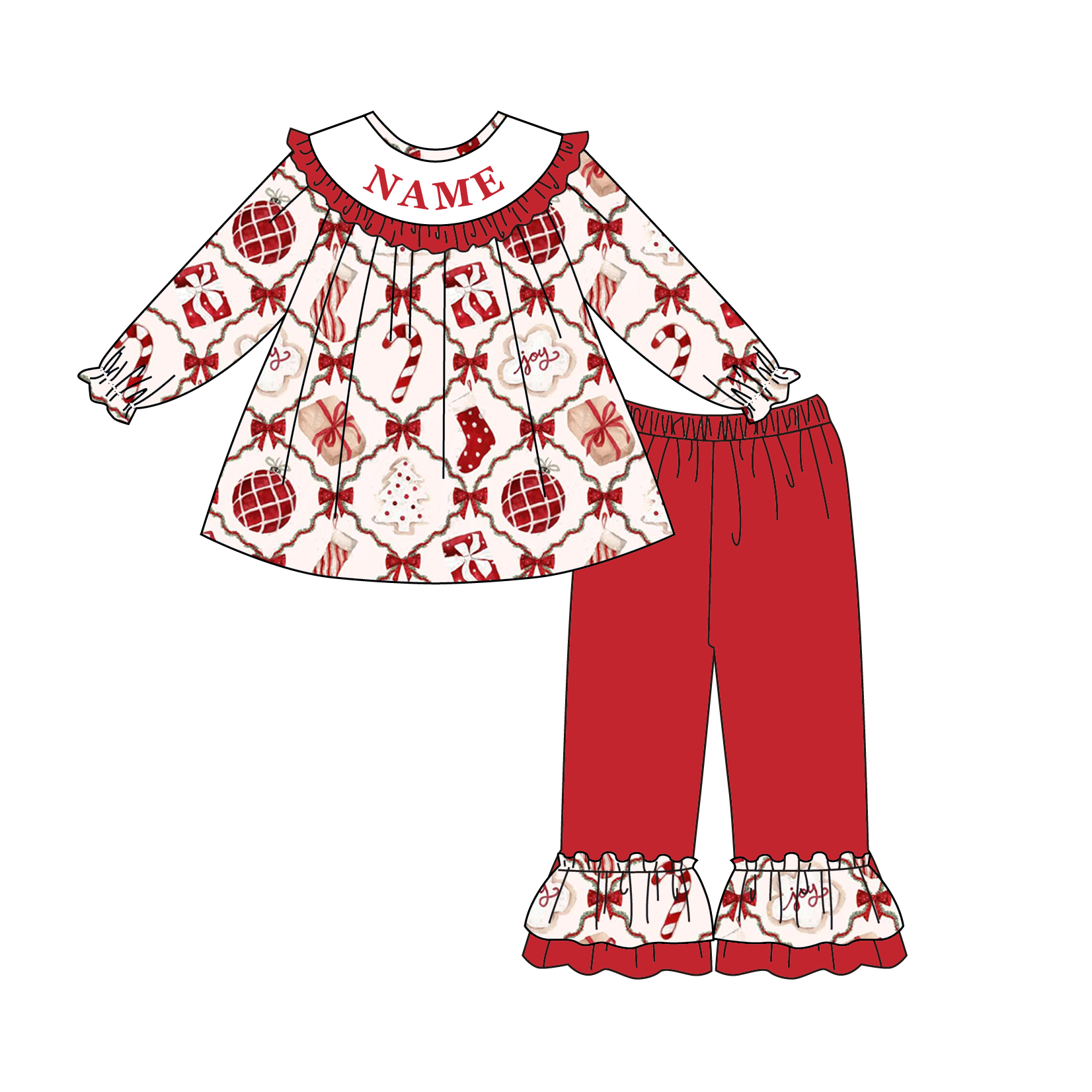 Auraquise - Vente Ensemble haut et pantalon – enfant - Collection de Tenues Personnalisées avec Nom et Broderie Smockée de Noël3