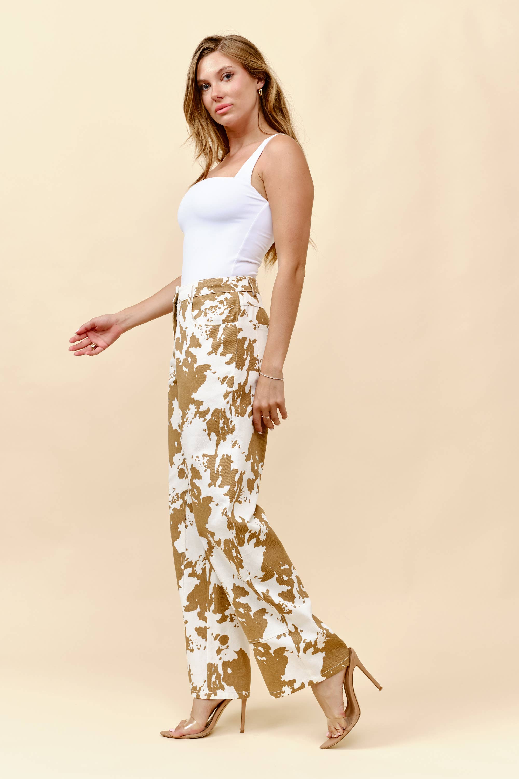 Light Beige Cow print denim straight leg jeans for wholesale on Faire8