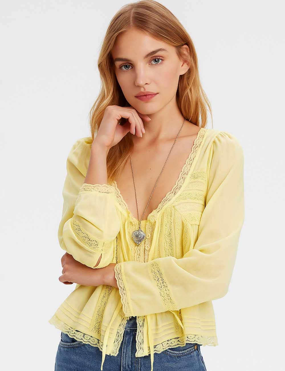 Sweetkama – wholesale Blouse – Women’s – Ladies U-Neck Lace Splice Hollow Out Blouse Top4