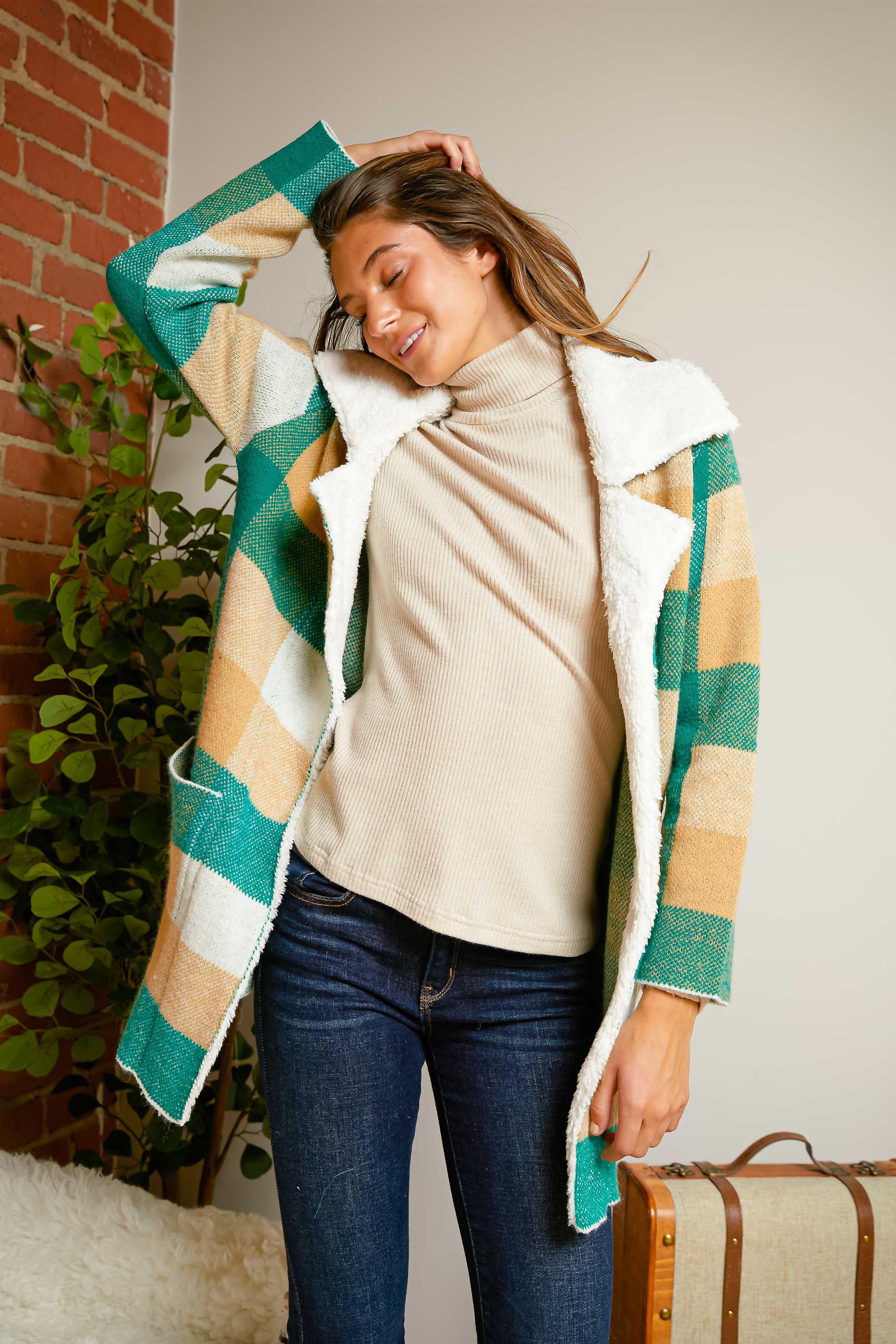 Green Multi PLUS CHECKER FAUX FUR COLLAR JACKET for wholesale on Faire4