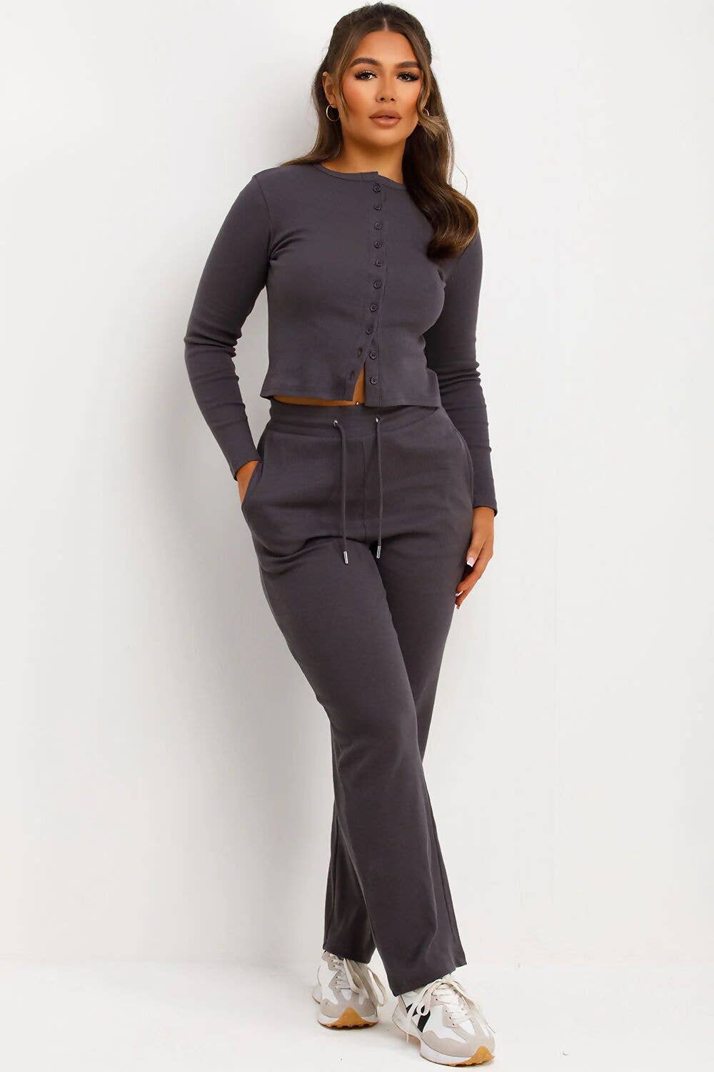 justyouroutfit - Wholesale Lounge Set - Women's - Ribbed Molly Button Through Top and Wide Leg Trousers2