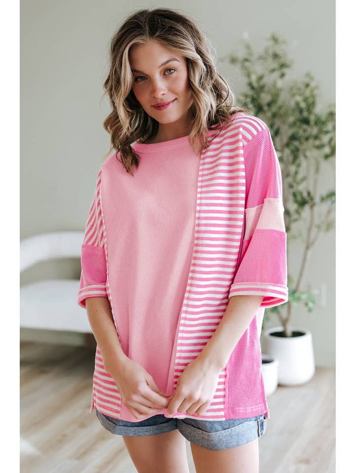 Stripe Color Block Patchwork Loose Half Sleeve T Shirt for wholesale on Faire