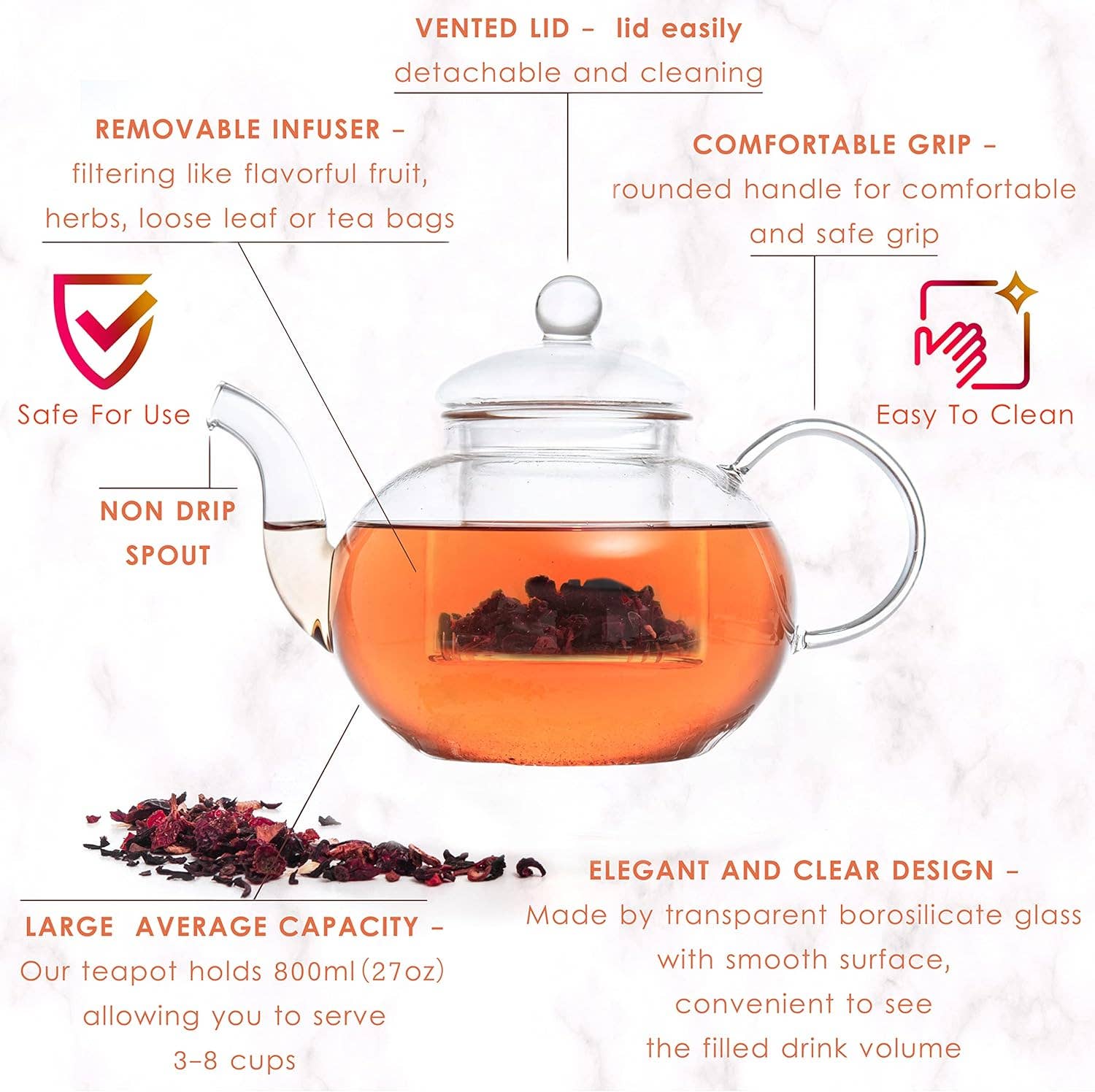 Moss & Stone - Wholesale Tea Pot - Glass 27oz Tea Kettle Infuser & 4 Tea Cups Gift Set, Borosilicate Glass Teapot With Removable Glass Strainer & Teacups Of 2.7 oz, Teapot With Strainer Microwave Safe Tea Maker4